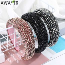 Headbands AWAYTR New Rhinestone Full Crystal Headbands for Women Wide Elastic Hairbands Baroque Diamond Tiara Hair Accessories Headdress Y240417