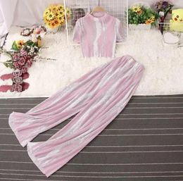 Women's Two Piece Pants 2024 Summer Tie-dye Stand-up Collar Cropped Top Wide-leg Drape High Waist Pleated Casual Mopping Trousers
