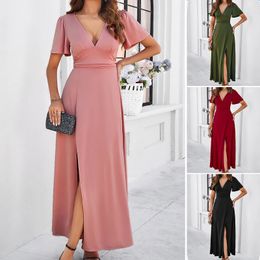 Spring Summer Dress for Women Solid Elegant Slim V-Neck Long Dress Wedding Banquet Pink Lady Dress Up 2024 New Black Robe 240415