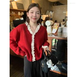 Women's Knits Knitted Cardigan Small Fragrant Red V-neck Top With Wooden Ear Edge Slim Loose Fit Sweater Age Reducing College Style