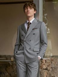 Men's Suits 30% Wool Men Set Blazer Pant Wedding Groom Wear Light Grey Double Breasted Party Formal Clothing Slim Fit Young Man Coat