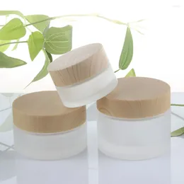 Storage Bottles Empty Cosmetic Clear Frosted Glass Face Cream Jar And Wood Grain Cover 30g Makeup Packaging Container Wholesale