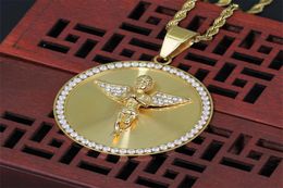 Mens Stainless Steel Angel Pendant Necklace Hip Hop White Zircon Bling 18K Gold Plated Religious Jewellery 1269 B35889265