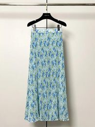 Skirts Women Elastic Waist Skirt A-Line Elegant Floral Pleated 2024 Spring Summer Female Mid-Calf Jupe