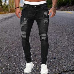 Men's Jeans Classic Men Black Ripped Pencil Pants Spring And Summer Casual Sports Elastic Solid Colour Fashion Boyfriend Leggings d240417