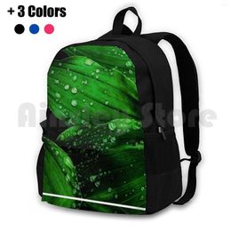 Backpack Green Leaves Outdoor Hiking Waterproof Camping Travel Leaf Rain Raindrop Drops In