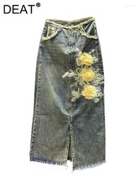 Skirts Women's Denim Skirt High Waist 3d Flowers Embroidery Split Burrs Pockets Female Long 2024 Summer Fashion 29L6913