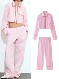 Women's Two Piece Pants 2024 Fashion Single Breasted Lapel Tops Elastic Waist Wide Leg Spring Women Casual Pink Blouse Pant Suit