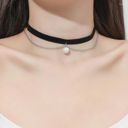 Choker Gothic Punk Double Layer Black Velvet Simple Fashion Simulated Pearl Pendant Necklace For Women Short Clavicle Chain