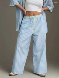 Women's Pants CHRONSTYLE Women Striped Print Loose Casual Elastic Waist Front Buttons Trousers Lounge Wid Leg Party Sleepwear 2024