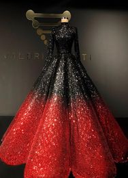 Two Tone Sequins Sparkly Evening Dresses 2020 High Neck Long Sleeve Puffy Skirt Muslim Arabic Luxury Ball Gown Prom Dress2424000