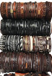 whole 100pcslot Cuff Leather Bracelets Handmade Genuine Leather fashion bracelet bangles for Men Women Jewellery mix Colours bra4902962