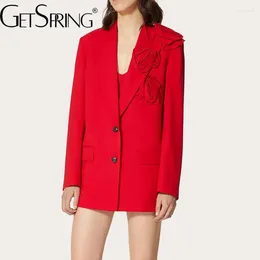 Women's Suits Women Blazer 2024 Temperament Single Breasted Rose Stitching Ladies Red Coat Fashion Suit Jacket