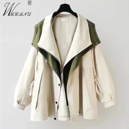 S-5xl Oversize Design Patchwork Trench Coat loose Hooded Windbreaker Women Casual Spring Jackets Adjustable lace up Gabardina 240415