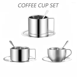 Mugs Coffee Tea Cup And Saucer Set 304 Stainless Steel Teacups Latte Cups Breakfast Double-deck Thermal Insulation Mug