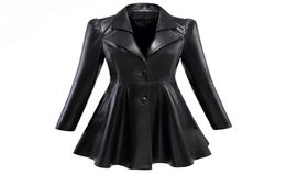 Women039s Leather Faux Leather Women s Jackets Nerazzurri Fit and flare faux leather coat notched lapel long sleeve puff Skirte6027977