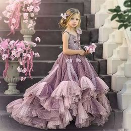 Puffy Pageant Girls Dresses Little Cute Dusty Purple And Pink Dots Tulle Wedding Party Flower Girl Dress Appliques Beads Long Brithday Prom Evening Gowns