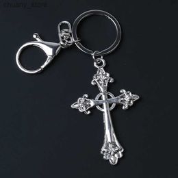 Keychains Lanyards 2021 New Large Detailed Silver Color Cross Pendant Keychain Gothic Fashion Charm Delicacy Beautiful Men and Women Gift Y240417