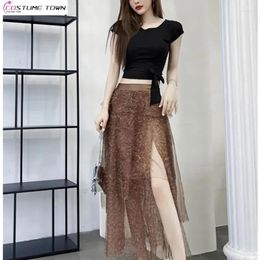 Work Dresses Summer Leopard Mesh Half Skirt Multi Layered Irregular Mid Length High Waist Split Two Piece Set Trendy