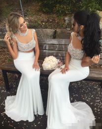 Luxury Beaded Perals Two Piece Bridesmaid Dresses Mermaid Sweep Train Illusion Bodice Custom Made Maid of Honour Gown Cocktail Party Dress