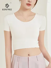 Women's T Shirts BirdTree 89%Real Silk Elegant T-shirt Short Sleeve Solid Colour Simple Basic Thin Bottom Top 2024 Summer T43007QC