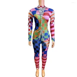 Stage Wear Sparkly Rhinestones Long Sleeve Jumpsuit Women Performance Costume Birthday Club Celebrate Outfit Dancer Poshoot