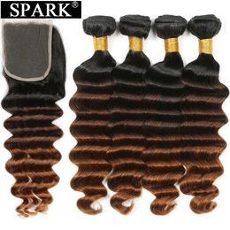 Spark Brazilian Loose Deep Wave Bundles With Closure Ombre Hair Human Lace Remy Medium Ratio 240401
