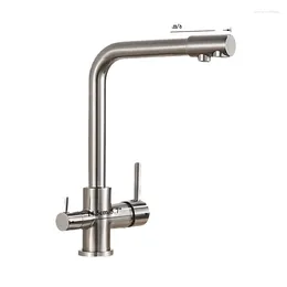 Kitchen Faucets Brushed Nickel Filter Faucet Drinking Water Tap Deck Mounted Dual Handles 3-Way Cold Mixer