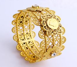 Luxury Women Big Wide Bangle CARVE THAI BAHT 18 k Solid Fine GF Gold Dubai Style African Jewellery Bracelets With CZ Middle5715255