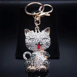 Keychains Lanyards Cartoon Cat Keychain Rhinestone Gold Colour Cute Kitty Keyring Holder Creative Gift Fashion Jewellery llaveros para mujer Y240417