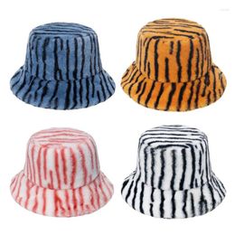 Berets Striped Plush Basin Hat Soft Faux Fur Casual Hipster