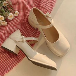 Ladies Summer Footwear Square Toe Japanese Style Shoes for Women 2023 Lolita Pearl White Normal Leather Casual Mary Jane Heels E