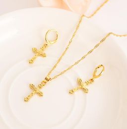 Bright 18 k fine solid gold GF small cross Pendant chain Earrings sets Christian Jesus bridal Gifts handsome Young4665277