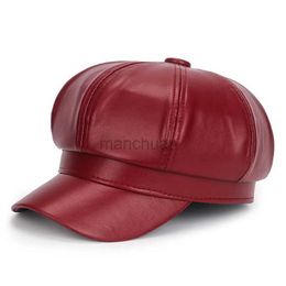 YSBQ Berets New Women PU Leather Berets Cap Hat Black Red Outdoor Adjustable Female Autumn Winter Casual Lady Cap Hat For Women d24418