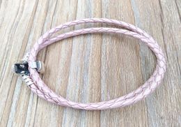 Moments Double Woven Leather Bracelet - Pink Authentic 925 Silver Fits European Style Jewelry Charms Beads Handmade Andy Jewel 590705CMP-D8631449