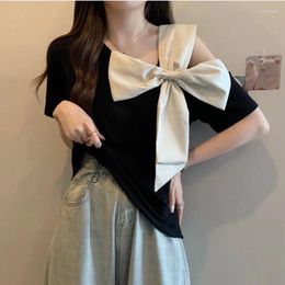 Women's T Shirts 2024 Summer Korean Style T-Shirt Chic Sweet Hollow Out Skew Collar Color Blocking Big Bow Women Tops Short Sleeve Tees