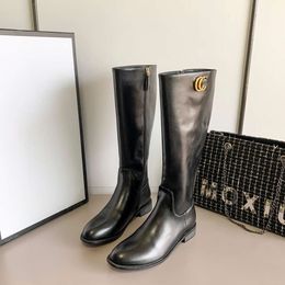 g Family Cowhide Round Head Long Boots for Women Metal Letter Slimming Side Zipper Flat Bottomed Knight