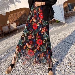 Spring Summer Sanzhai Pleated Fringe Flower Half Dress Loose Drape Retro Port Style Slimming Long Skirt Woman Clothing 240412