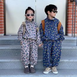 Clothing Sets 2024 Spring Autumn Children's Set Korean Style Printed Flowers Girl's Suit Leisure Zipper Coat Pant Two-piece