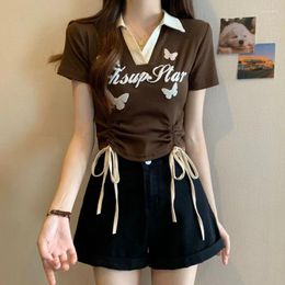 Women's T Shirts Girl Sexy Butterfly Embroidery Solid T-shirt Summer Y2K Short Tshirt Turn Down Collar Drawstring Bandage Tee Top