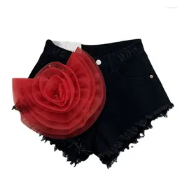 Women's Shorts Personalised Tassel Edge Denim Super Short 2024 Large Three-Dimensional Flower Korean Style Wide Leg Pants