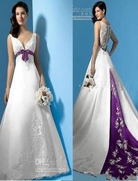 Selling White and Purple Satin ALine Wedding Dresses Empire Waist VNeck Beads Appliques Bow Bridal Gowns Custom Made new de8105550