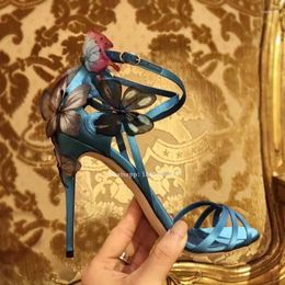 Dress Shoes Butterfly Sandals Ankle Buckle Stilettos Blue Thin High Heel Yellow Solid Summer For Women