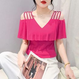 Women's T Shirts Summer V-Neck Mesh Short Sleeve Unique Off Shoulder Diamond Fashion Top T-Shirt Slim Elegant Tees