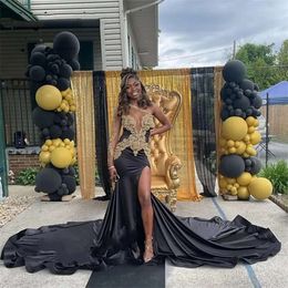 Sexy Black Satin Prom Dresses 2023 One Shoulder Golden Appliques Beading Sequins Birthday Party Event Wear Evening Dress Robe De Bal 0418