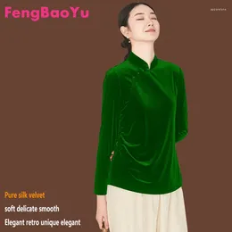 Women's Blouses Silk Velvet Ladies Spring Autumn Nine-minute Sleeve Shirt Chinese Standing Collar Temperament Elegant Top Retro Casual