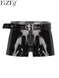 Men's Shorts Men Wet Look Patent Leather With Belt Latex Boxer Pants Sexy Bulge Pouch Hipster Trunks Motorcycle