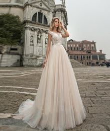 Beautiful ALine Champagne Wedding Dresses High Waist Cap Sleeve with Scoop Tulle Bridal Gowns Illusion Back with Button New Styl7788974