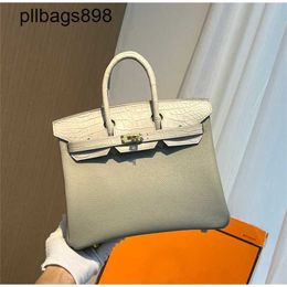 Brkns Handbag Genuine Leather 7A Handswen White Touch25 Misty Crocodile Skin Spliced Handheld Handsewn with Gold2F8E