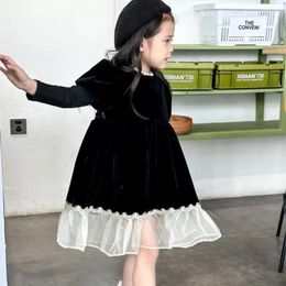 Girl Dresses 2024 Baby Girls Spring Autumn Winter Black Velvet Beaded Dress Elegant Kids Birthday Party Children Clothes